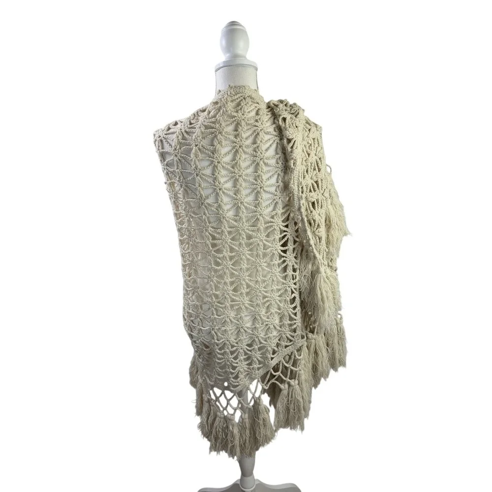 Handmade Wool Blend Crochet Wrap Shawl Beige Boho